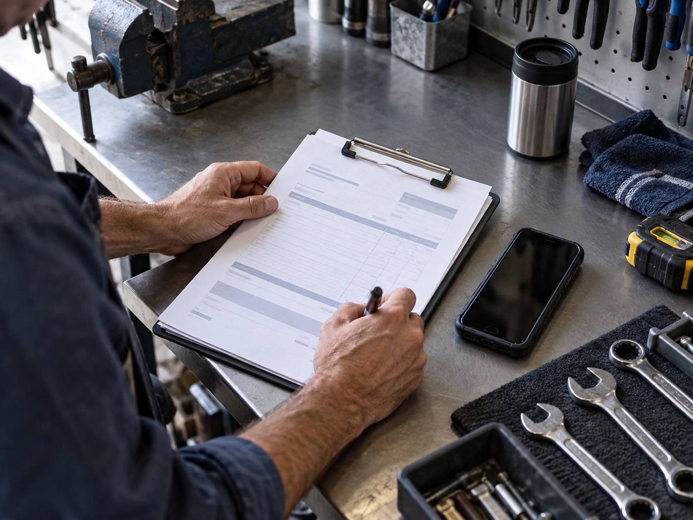 A service-business owner reviewing an estimate at a workbench