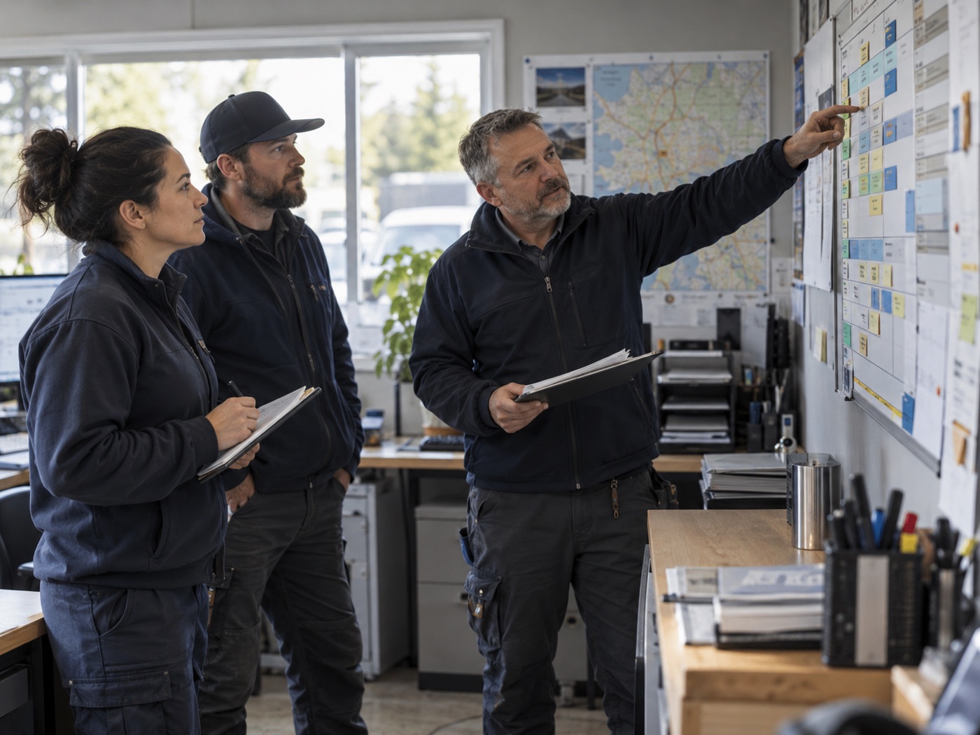 A service team planning the day's work in a dispatch office
